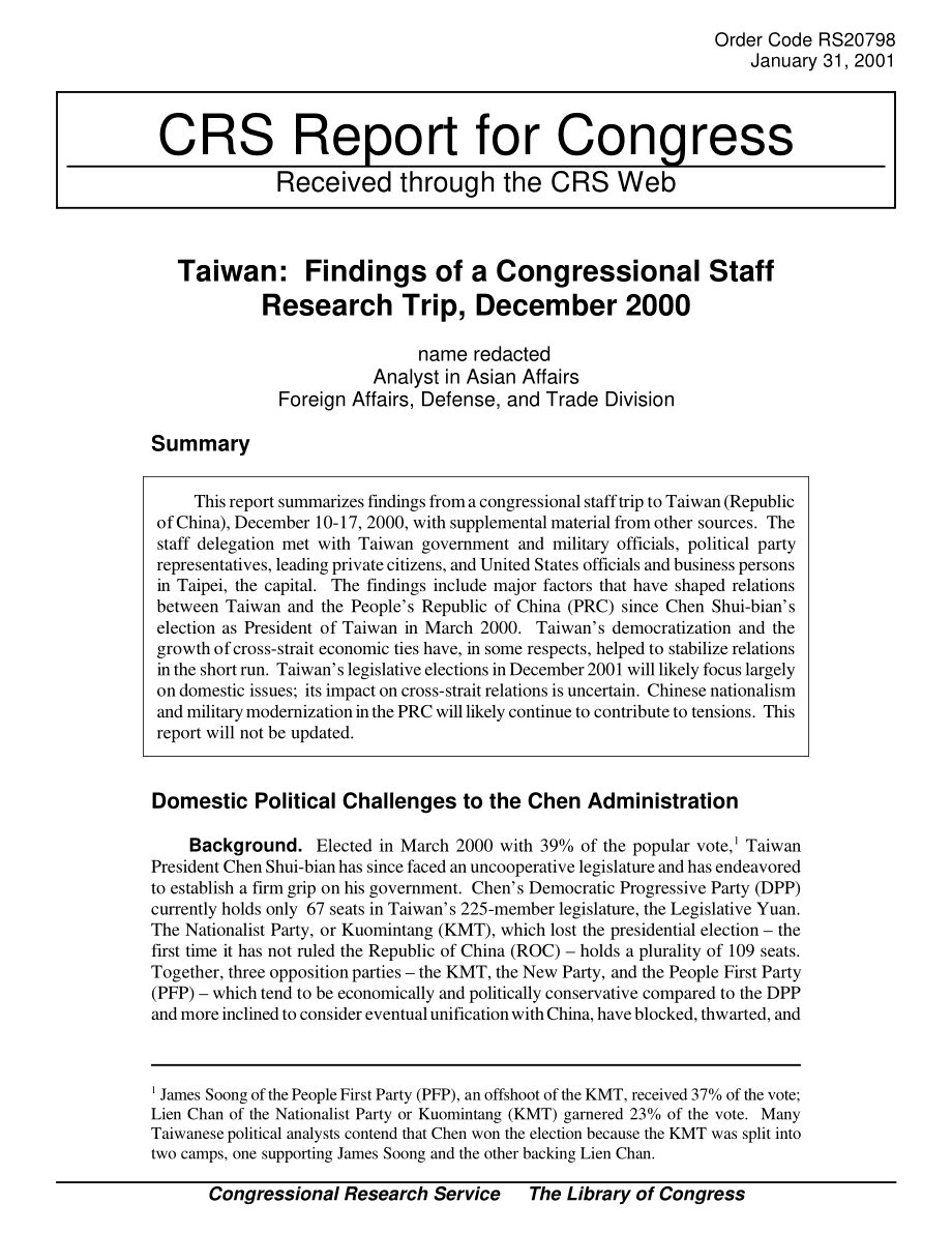 [20010131]RS20798_台湾地区：2000年12月国会工作人员研究旅行的结果.pdf_第1页