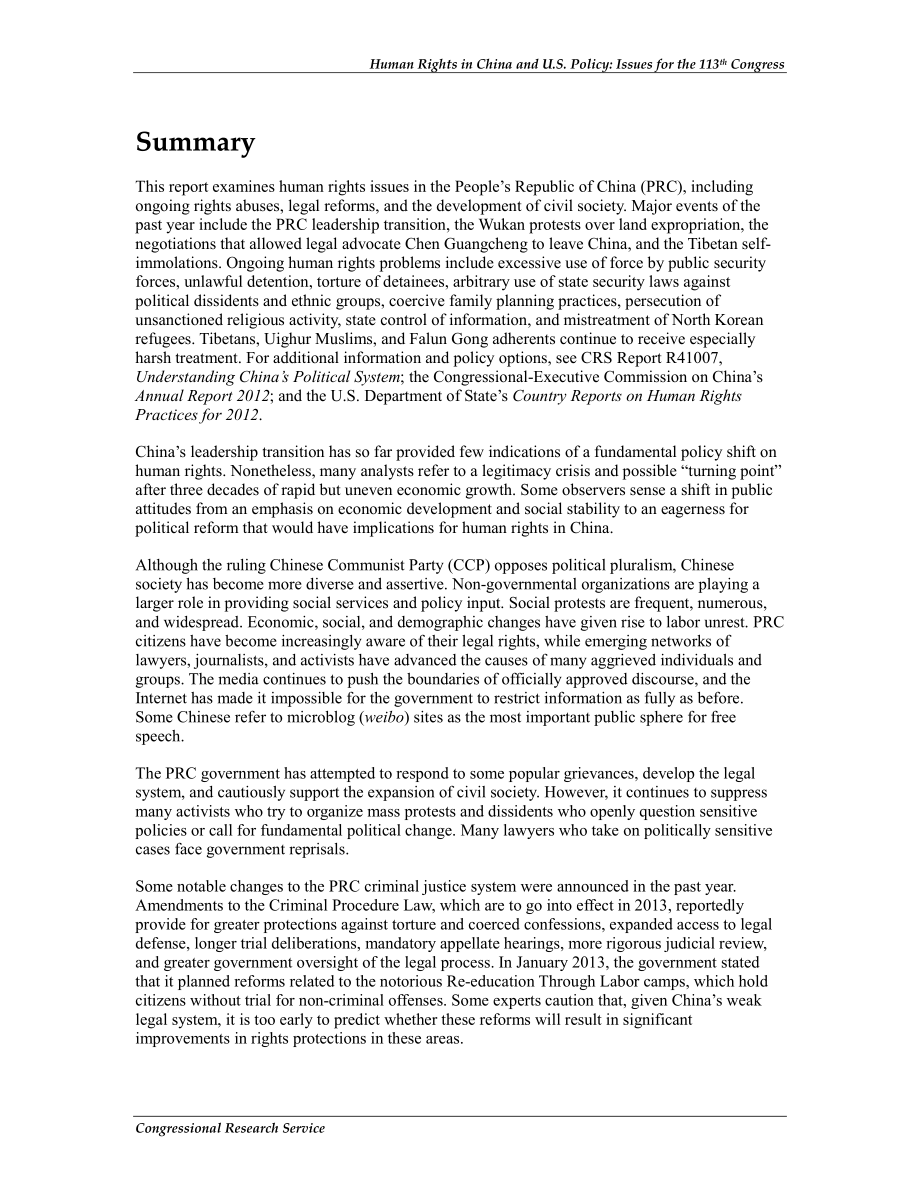 [20130619]R43000_中国的人权与美国的政策：第113届大会议题.pdf_第2页