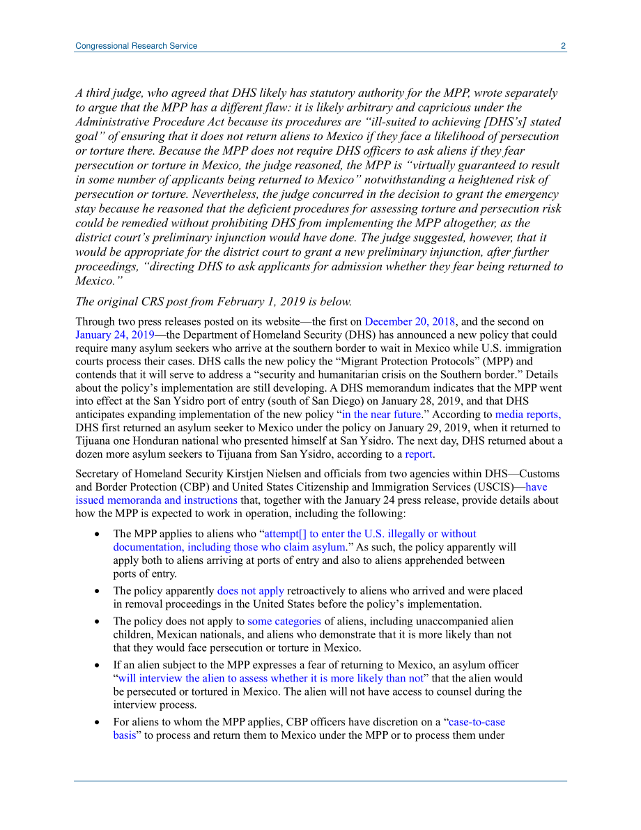 [20190509]LSB10251_“移民保护议定书”：与国土安全部计划要求抵达的寻求庇护者在墨西哥等待有关的法律问题 .pdf_第2页