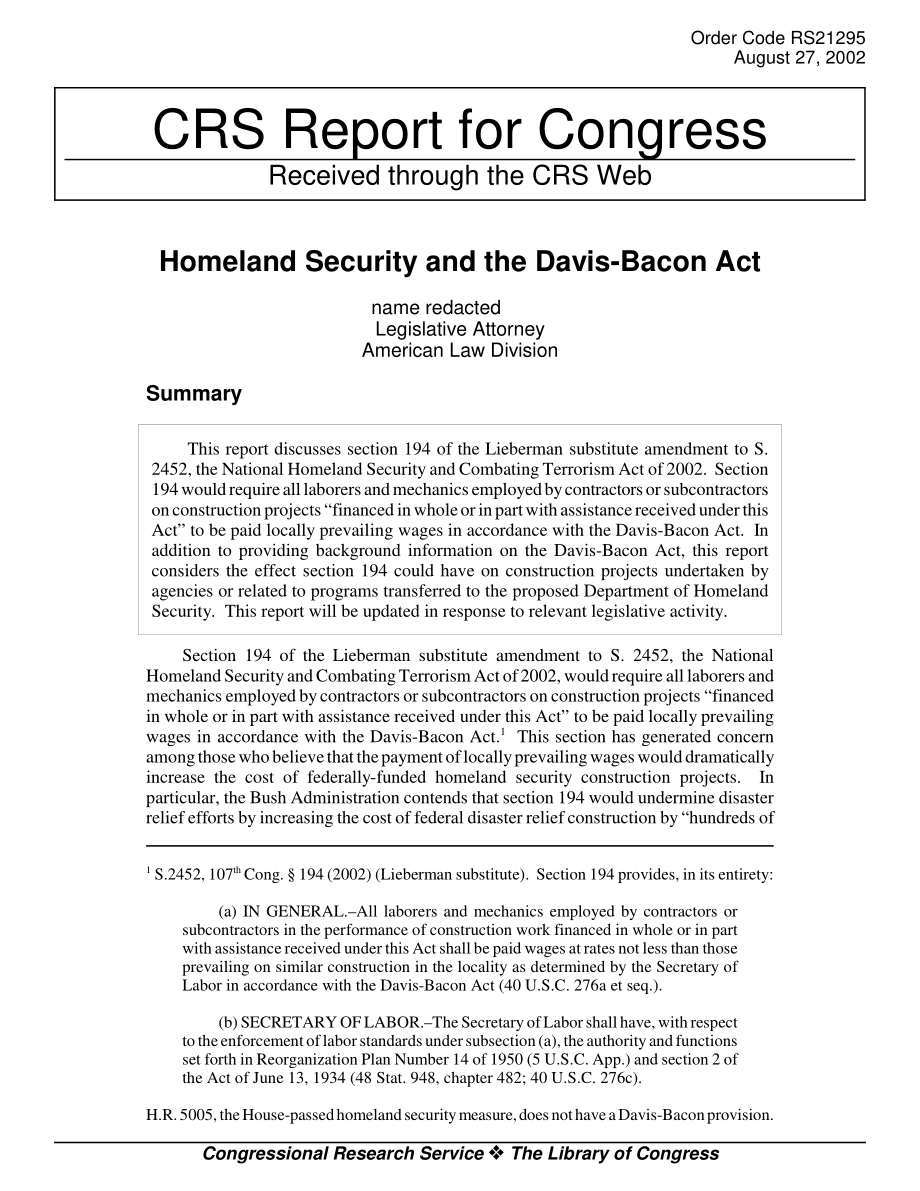 [20020827]RS21295_国土安全和戴维斯-培根法案.pdf_第1页