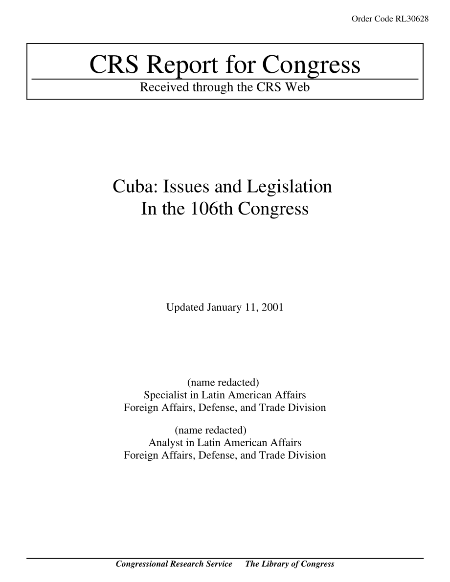 [20010111]RL30628_古巴：第106届国会的议题和立法.pdf_第1页