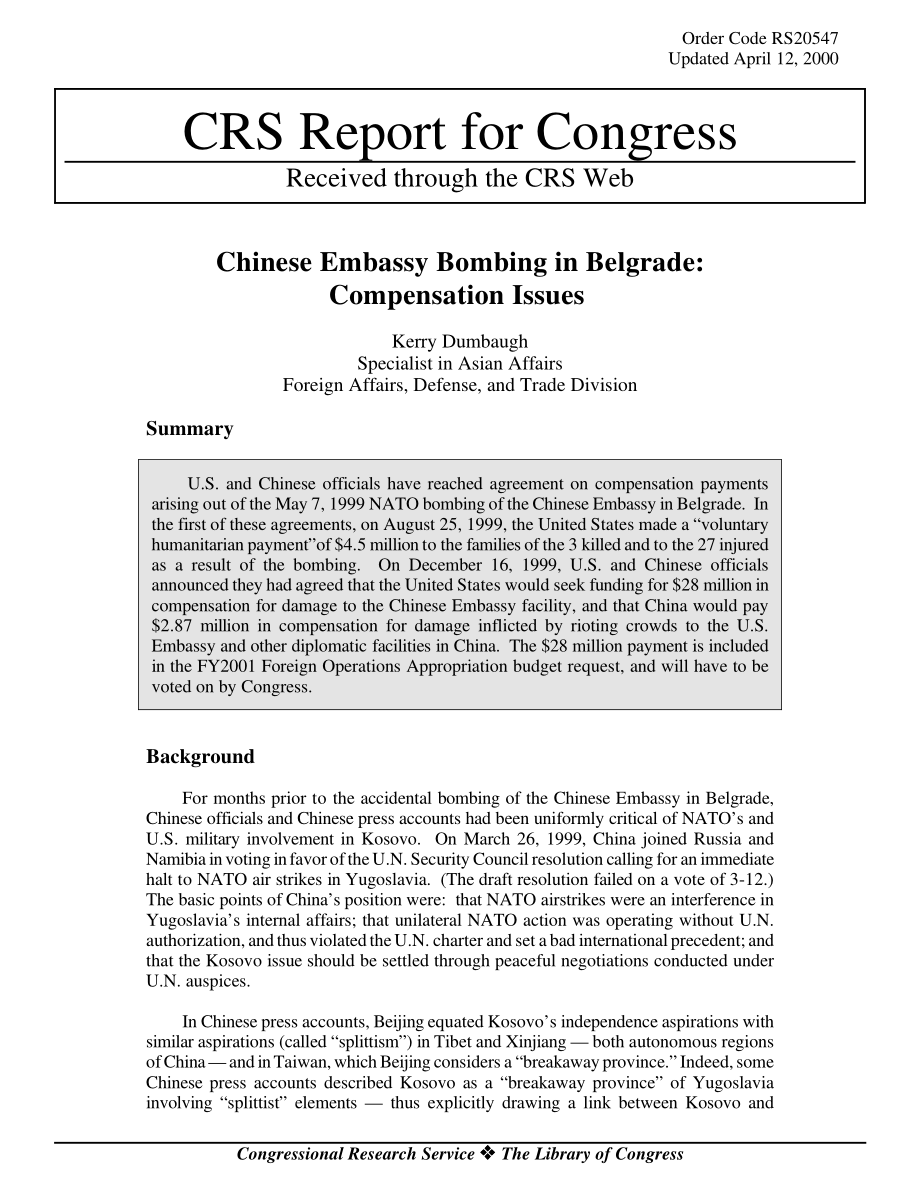 [20000412]RS20547_中国驻贝尔格莱德大使馆爆炸案：补偿问题.pdf_第1页