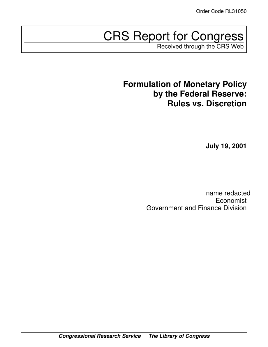 [20010719]RL31050_美联储制定货币政策：规则与自由裁量权.pdf_第1页