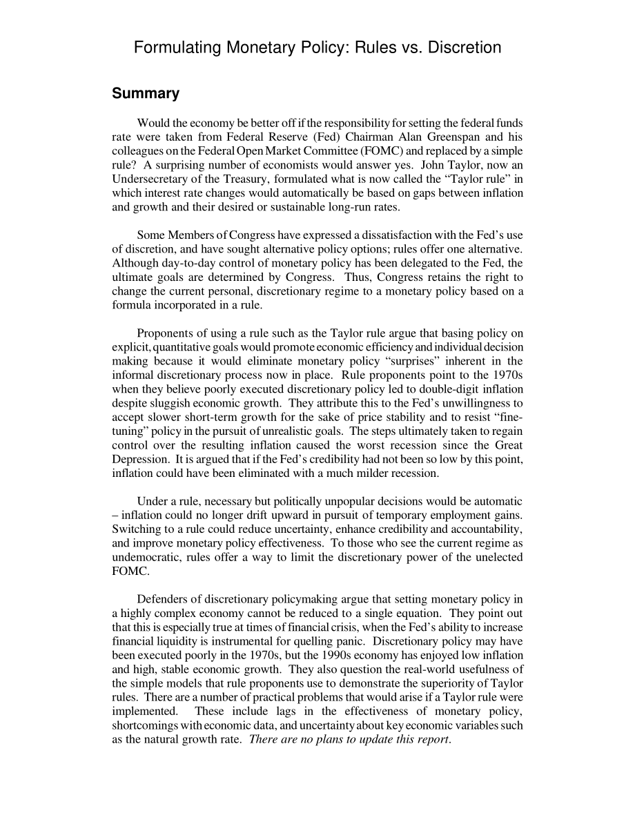 [20010719]RL31050_美联储制定货币政策：规则与自由裁量权.pdf_第2页