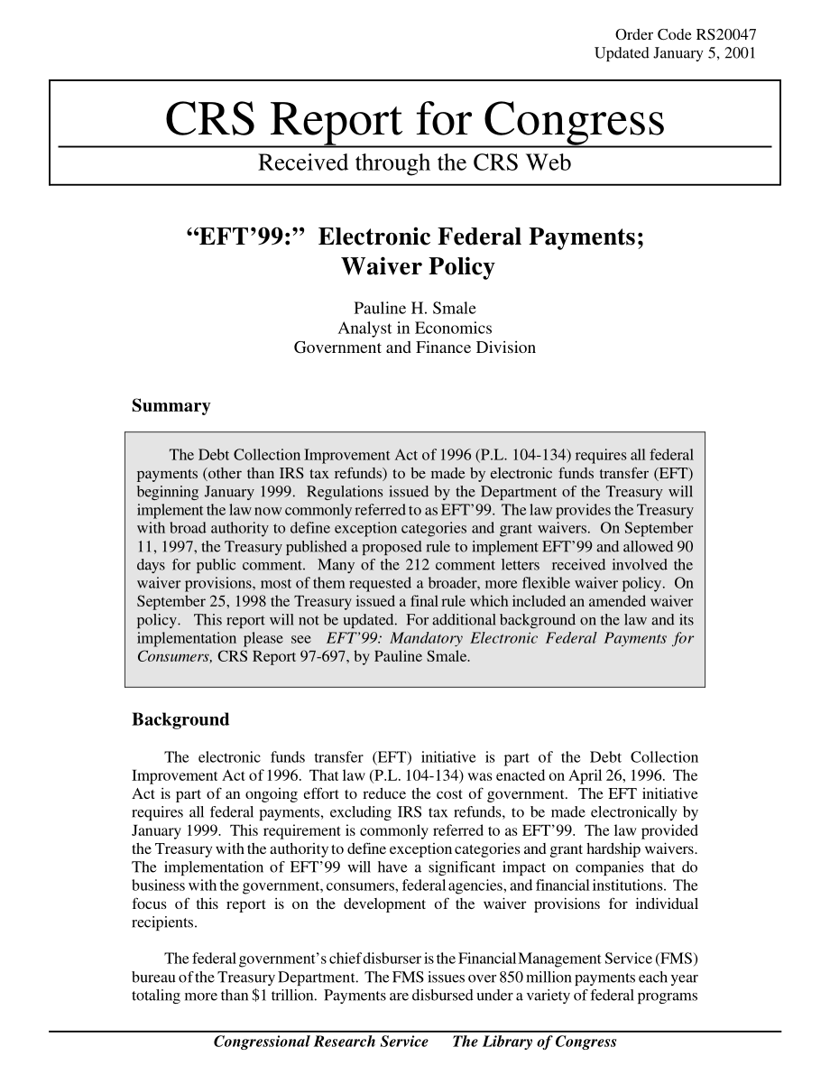 [20010105]RS20047_“EFT'99：”联邦电子支付；豁免政策.pdf_第1页