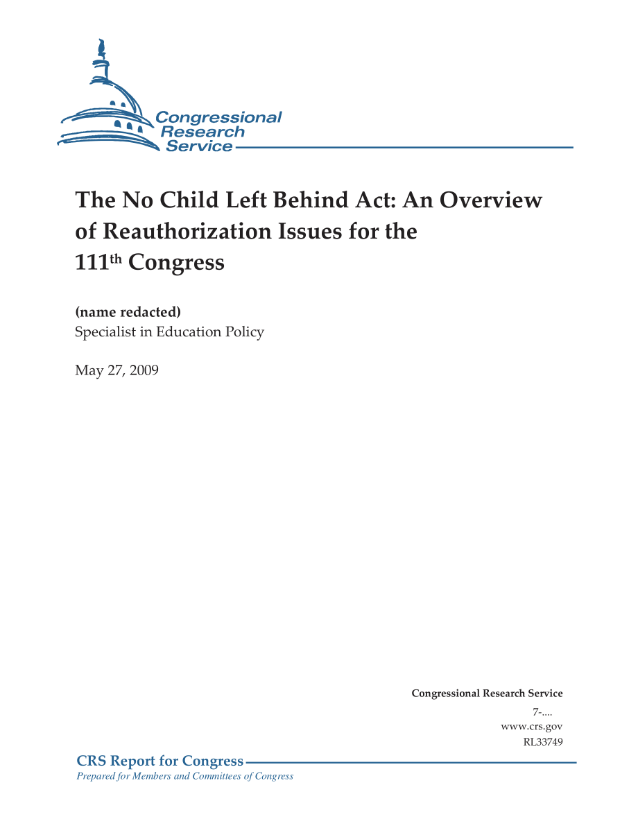 [20090527]RL33749_The No Child Left Behind Act 第111届国会重新授权问题概述.pdf_第1页