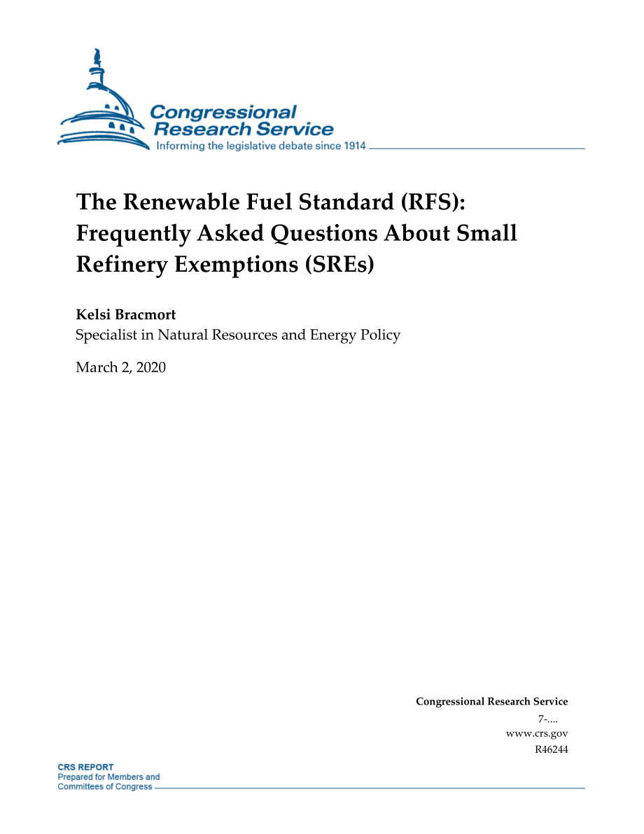 [20200302]R46244_可再生燃料标准（RFS）：小型炼油厂豁免（SRE）常见问题.pdf_第1页