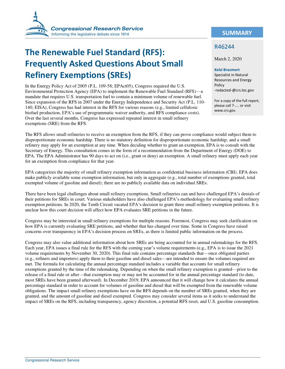 [20200302]R46244_可再生燃料标准（RFS）：小型炼油厂豁免（SRE）常见问题.pdf_第2页