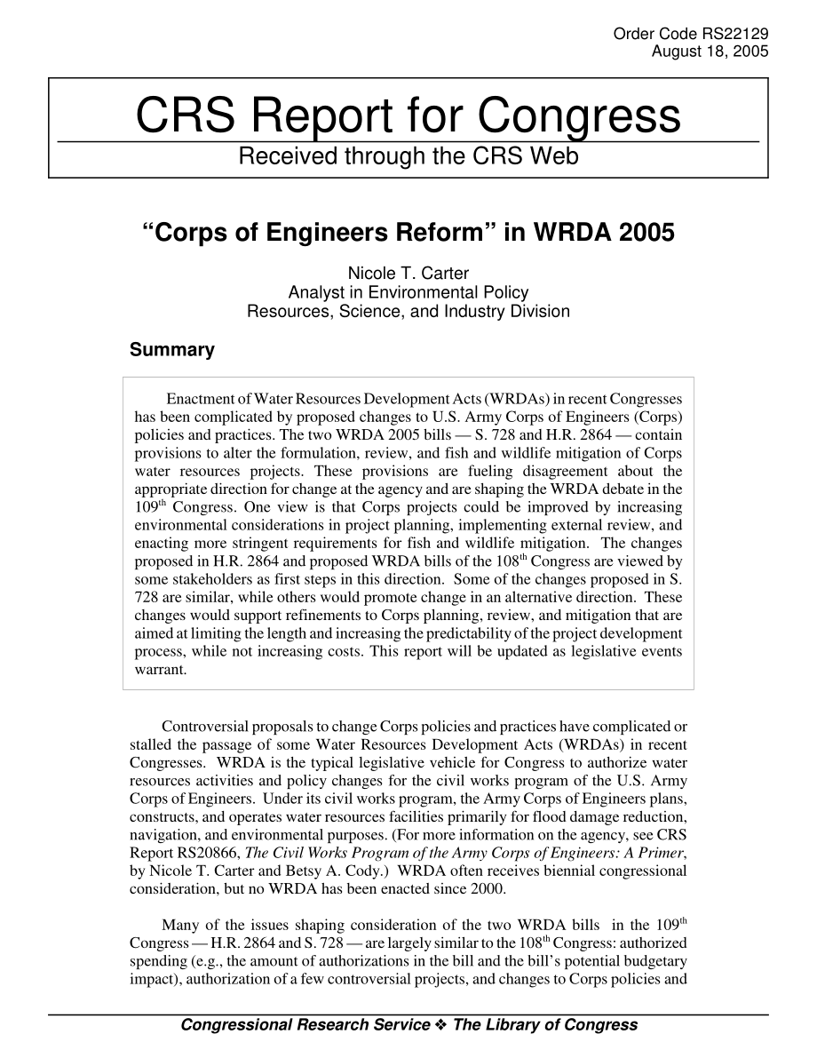 [20050818]RS22129_2005年WRDA“工程兵团改革”.pdf_第1页