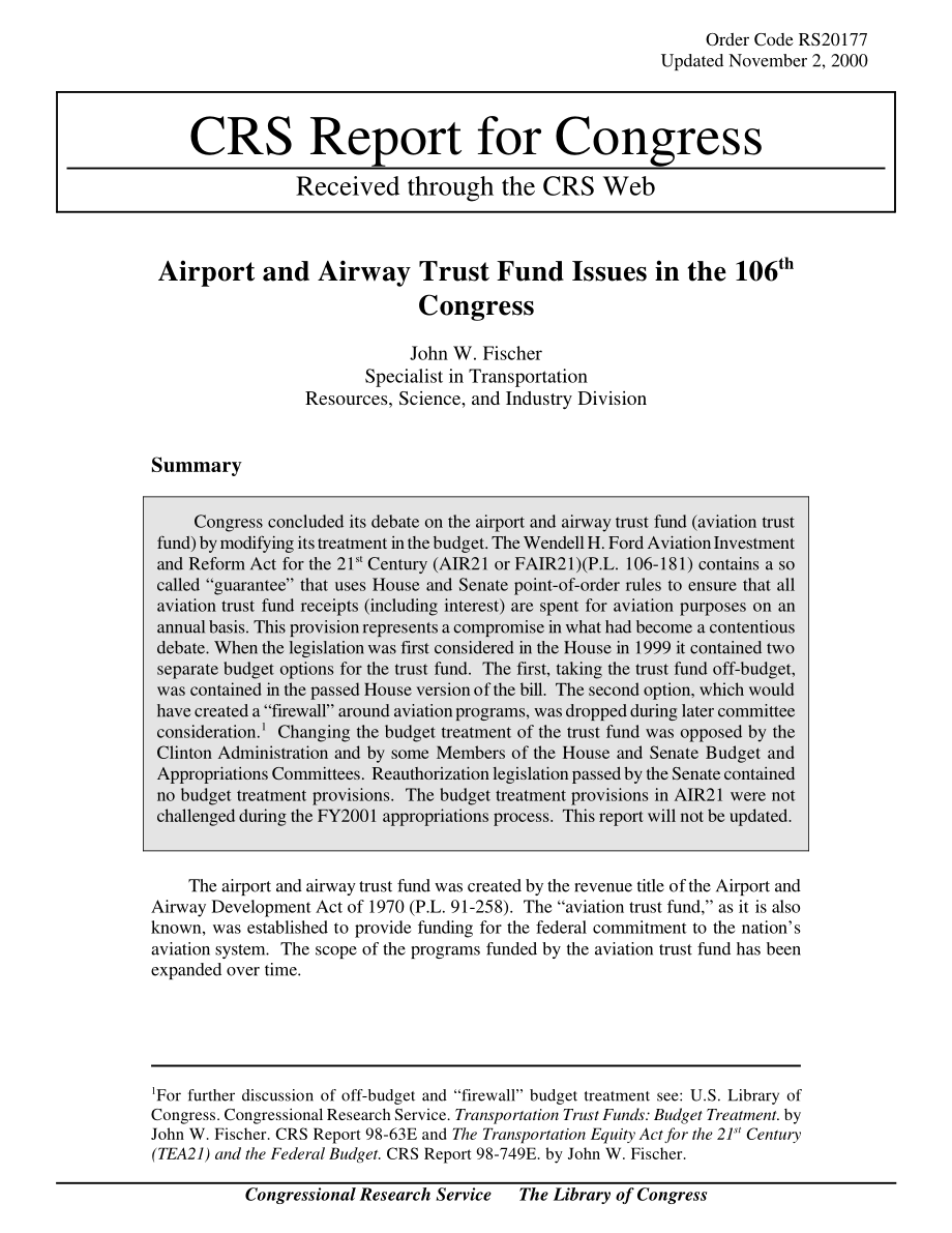 [20001102]RS20177_第106届国会中的机场和航空信托基金问题.pdf_第1页