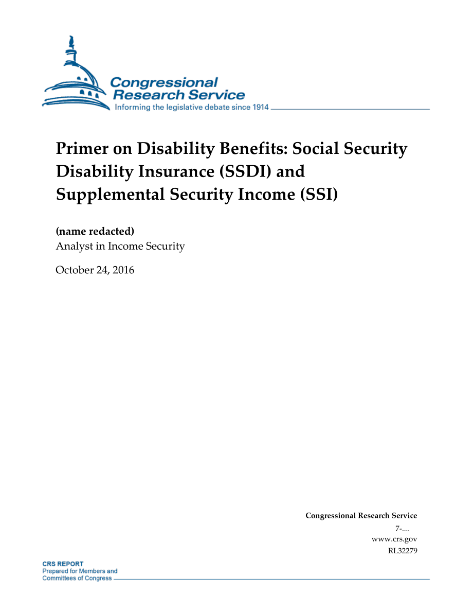 [20161024]RL32279_残疾福利入门：社会保障残疾保险（SSDI）和补充保障收入（SSI）.pdf_第1页