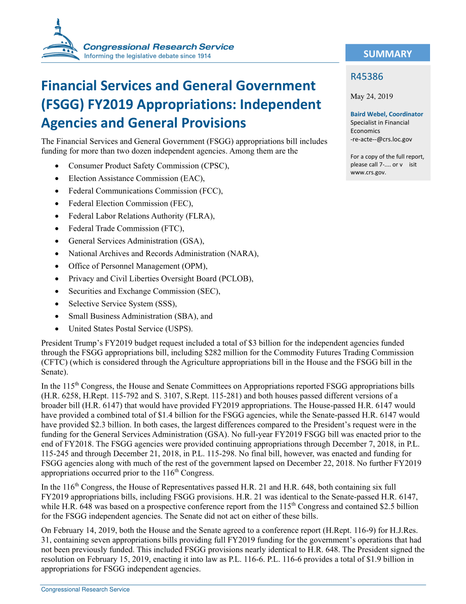 [20190524]R45386_金融服务和一般政府（FSGG）2019财年拨款：独立机构和一般规定.pdf_第2页