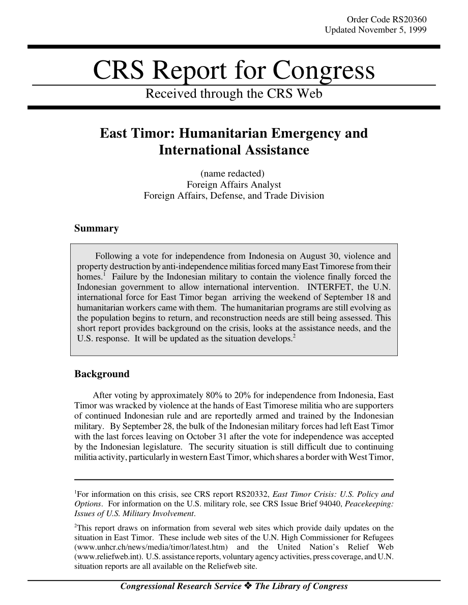[19991105]RS20360_东帝汶： Humanitarian Emergency and International Assistance.pdf_第1页