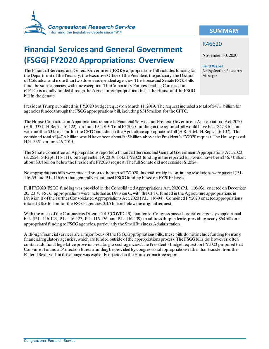[20201130]R46620_金融服务和一般政府（FSGG）2020财年拨款：概述.pdf_第2页