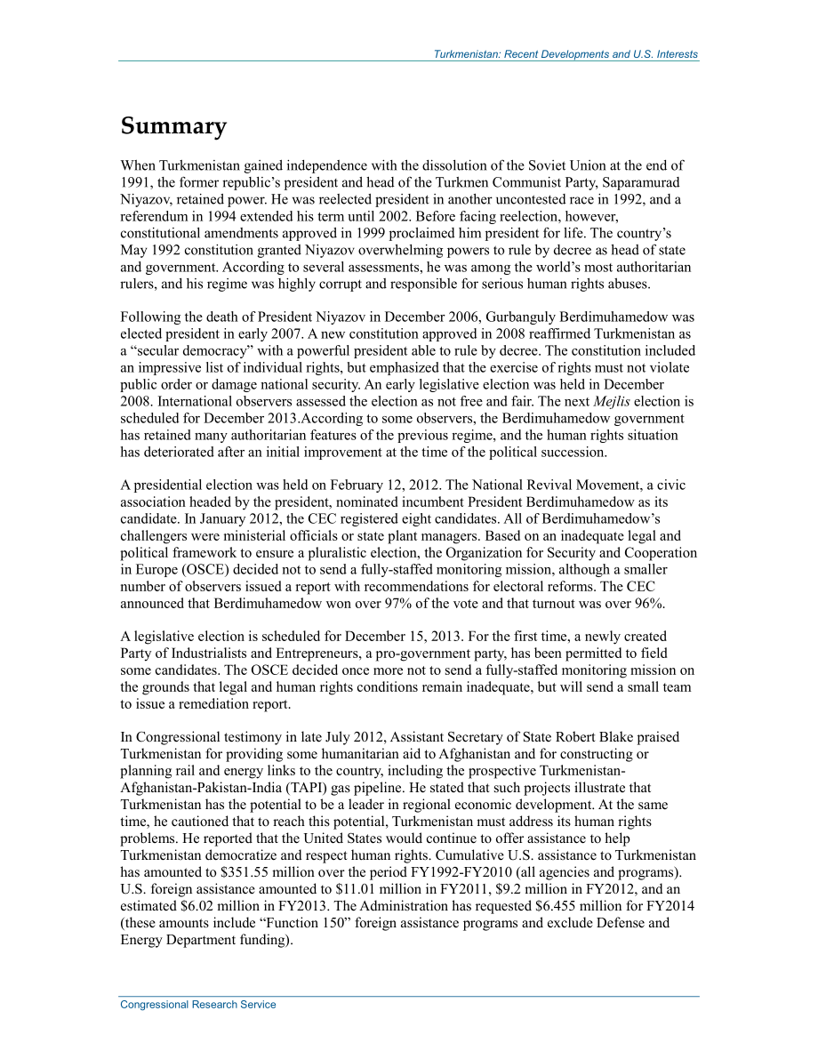 [20131212]97-1055_土库曼斯坦：近期发展和美国利益.pdf_第2页