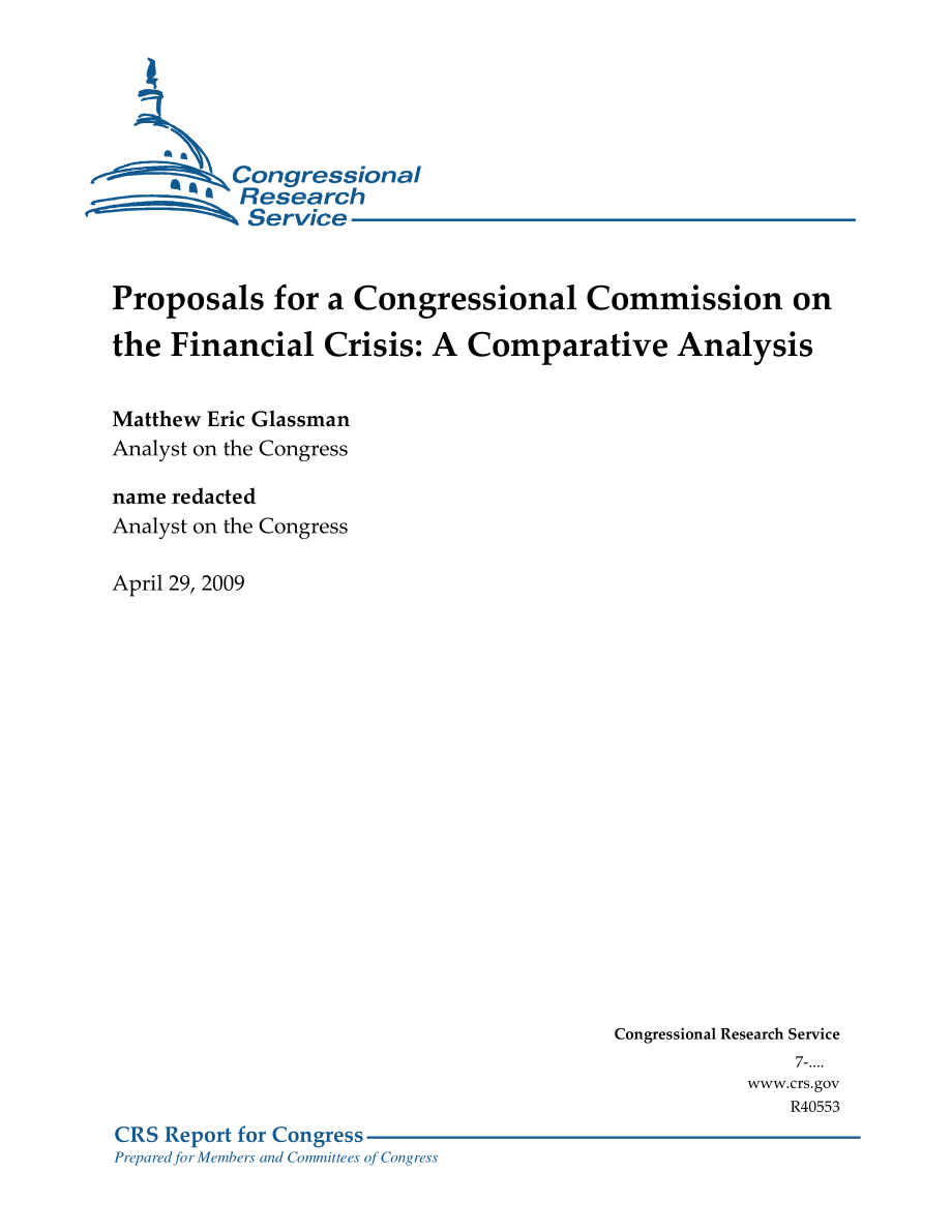 [20090429]R40553_关于成立国会金融危机委员会的建议：比较分析.pdf_第1页