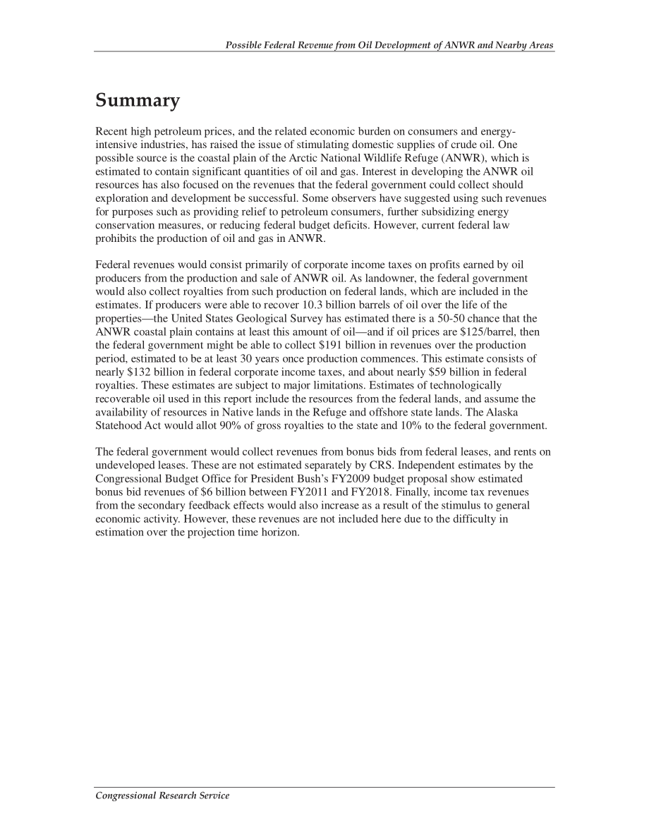 [20080623]RL34547_ANWR和附近地区石油开发可能产生的联邦收入.pdf_第2页