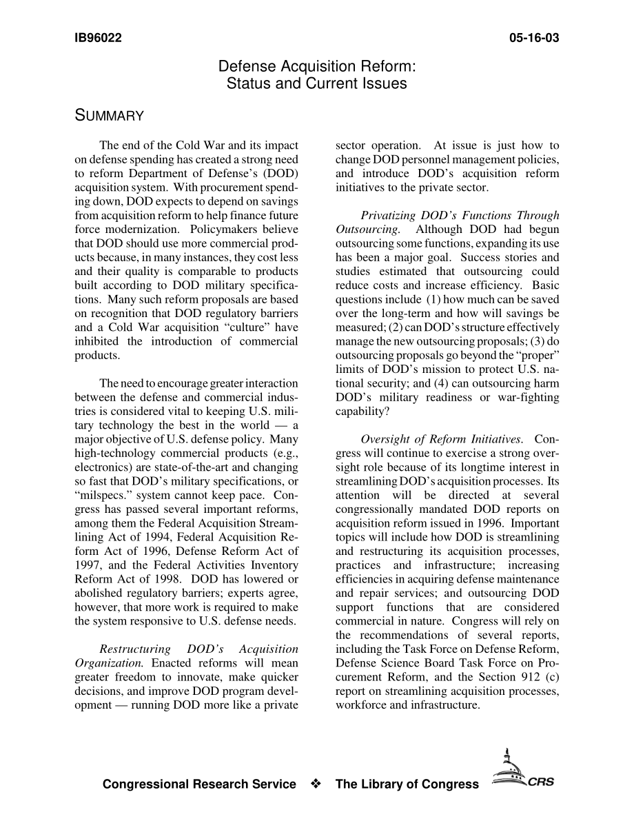 [20030516]IB96022_国防采办改革：现状和当前问题.pdf_第3页