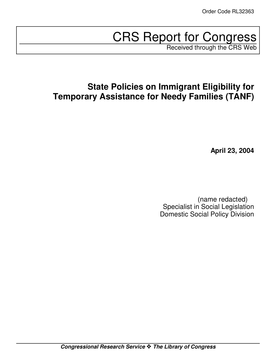 [20040423]RL32363_关于移民有资格获得贫困家庭临时援助的国家政策（TANF）.pdf_第1页