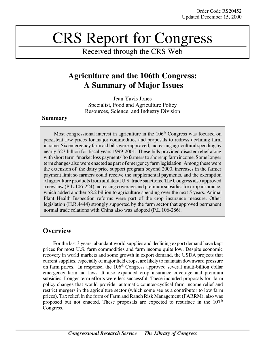 [20001215]RS20452_农业和第106届大会：主要问题概述.pdf_第1页