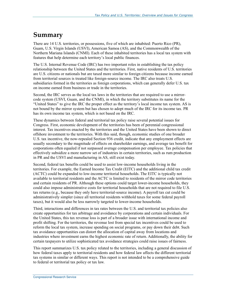 [20161007]R44651_税收政策和美国领土：国会概况和议题.pdf_第2页
