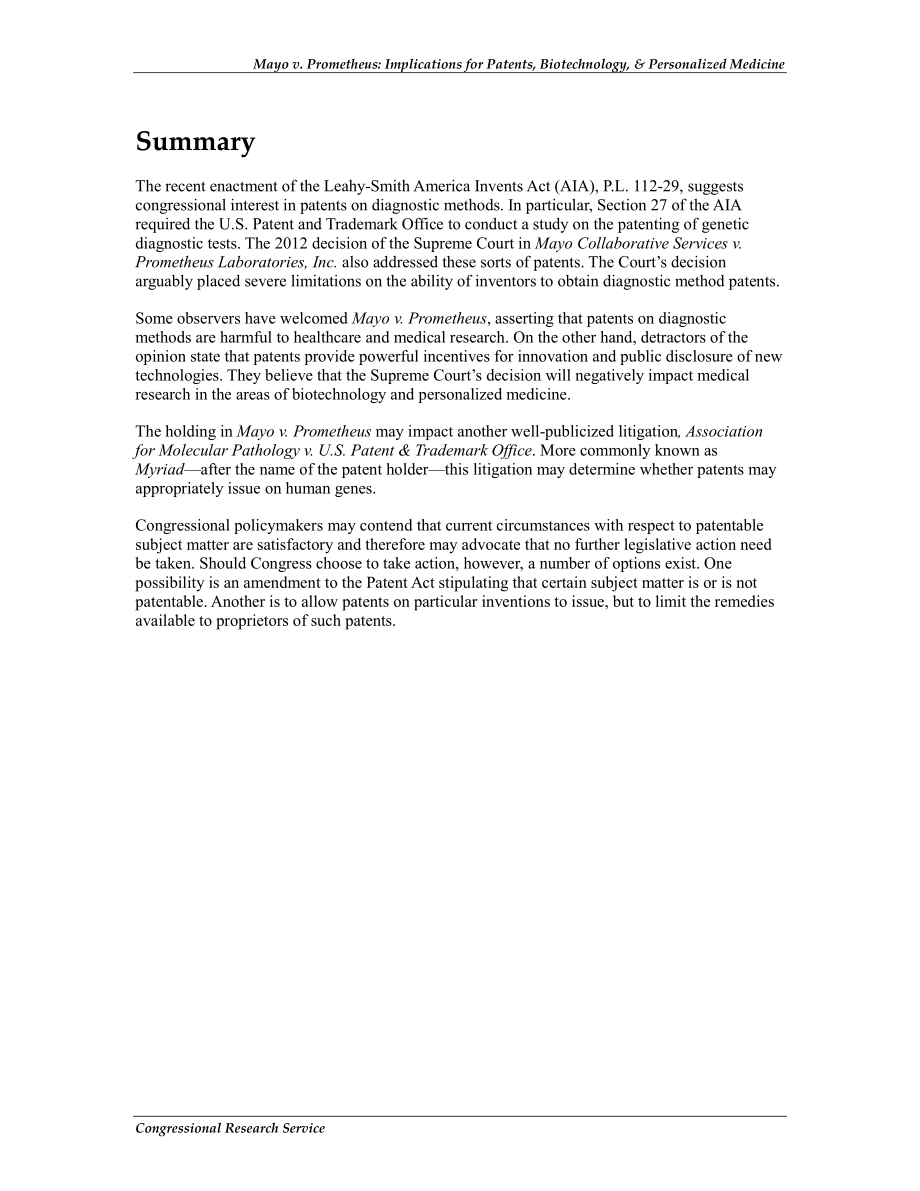 [20121106]R42815_梅奥诉普罗米修斯案：对专利、生物技术和个性化医疗的影响.pdf_第2页