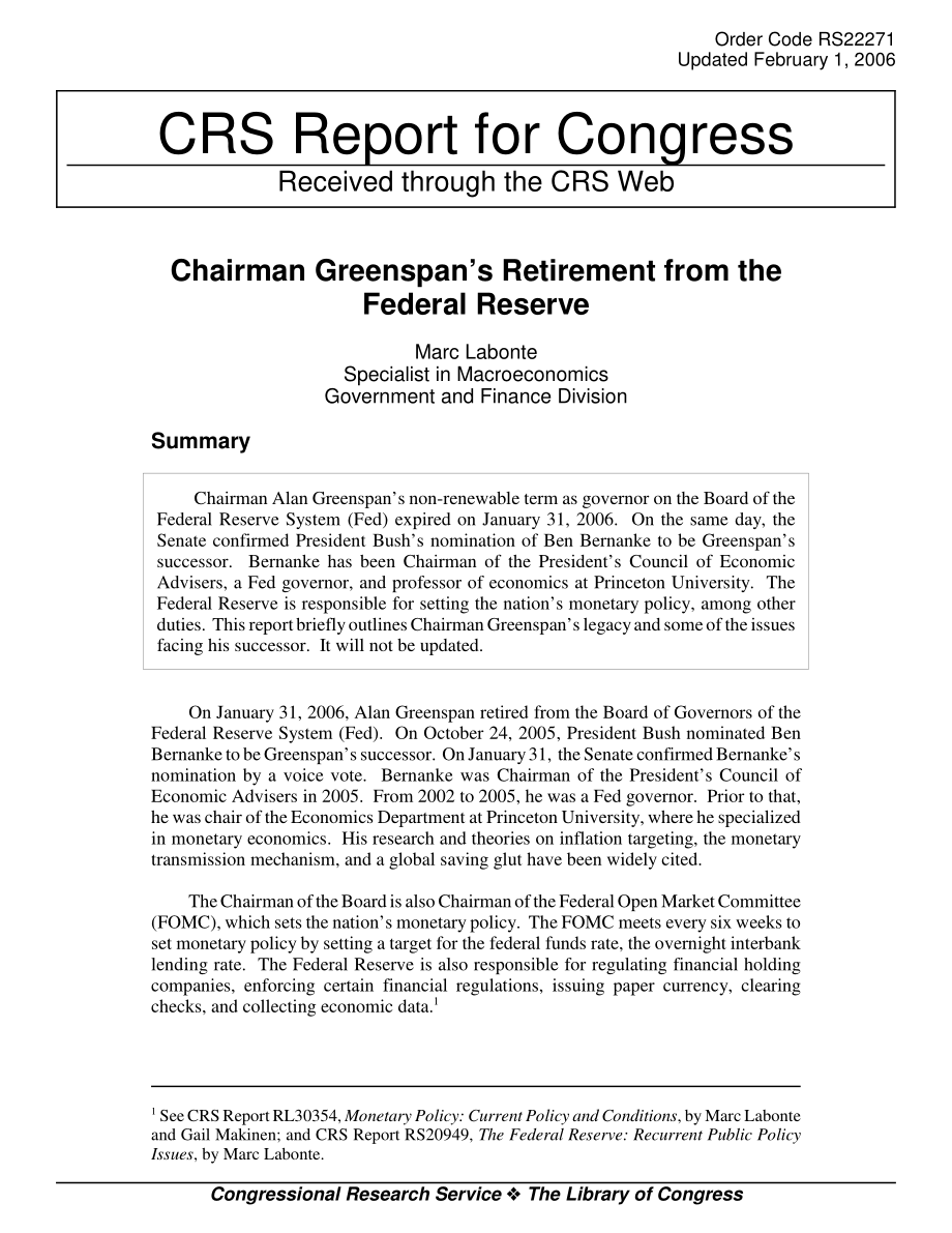 [20060201]RS22271_格林斯潘主席从美联储退休.pdf_第1页