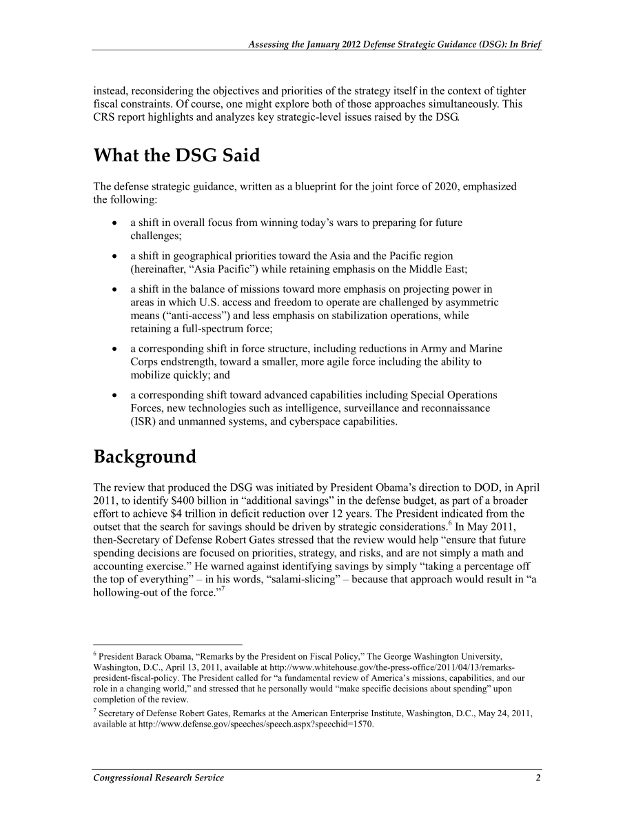 [20130813]R42146_评估2012年1月国防战略指南（DSG）：简言之.pdf_第3页