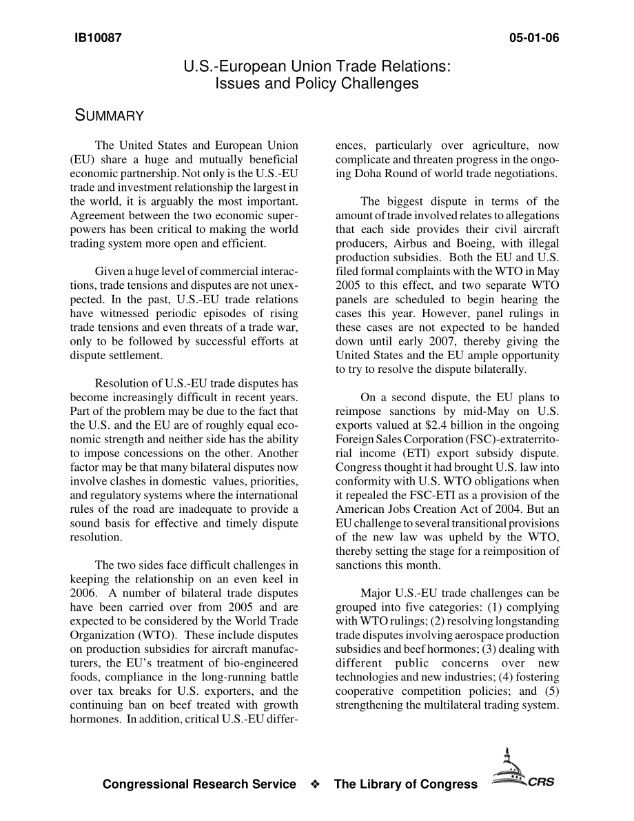 [20060501]IB10087_美欧贸易关系：问题和政策挑战.pdf_第3页