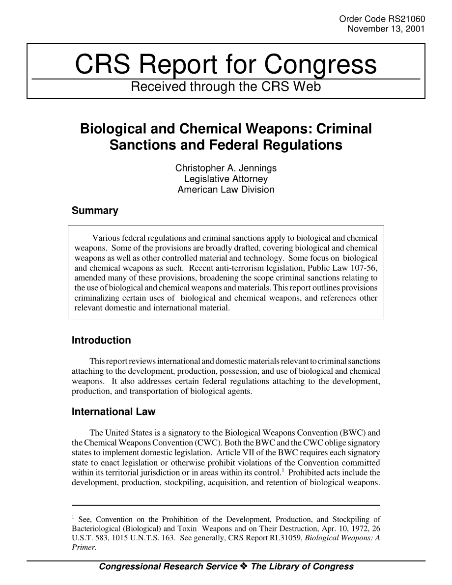 [20010913]RS21060_生物和化学武器：刑事制裁和联邦法规.pdf_第1页