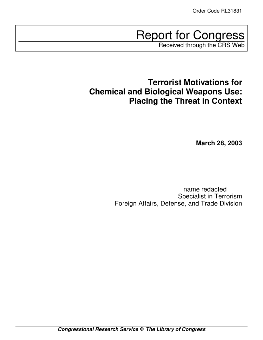 [20030328]RL31831_使用化学和生物武器的恐怖主义动机：将威胁置于上下文中.pdf_第1页