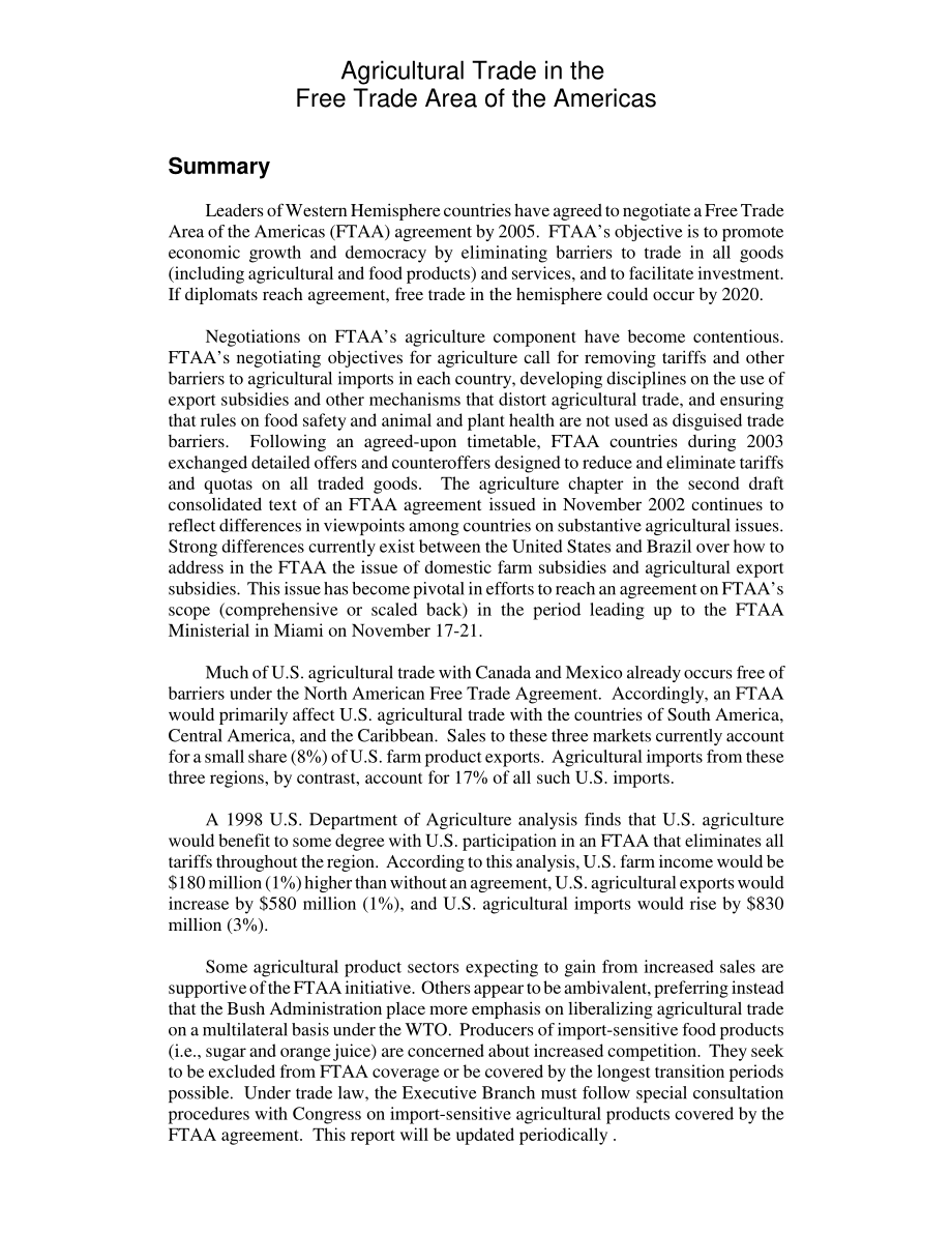 [20031031]RL30935_美洲自由贸易区的农业贸易.pdf_第2页