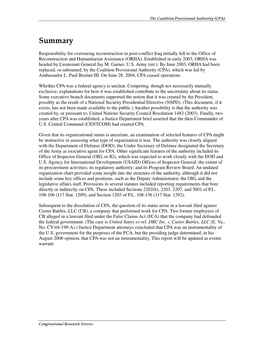 [20070427]RL32370_联盟临时管理局（CPA）：起源、特征和机构权限.pdf_第2页