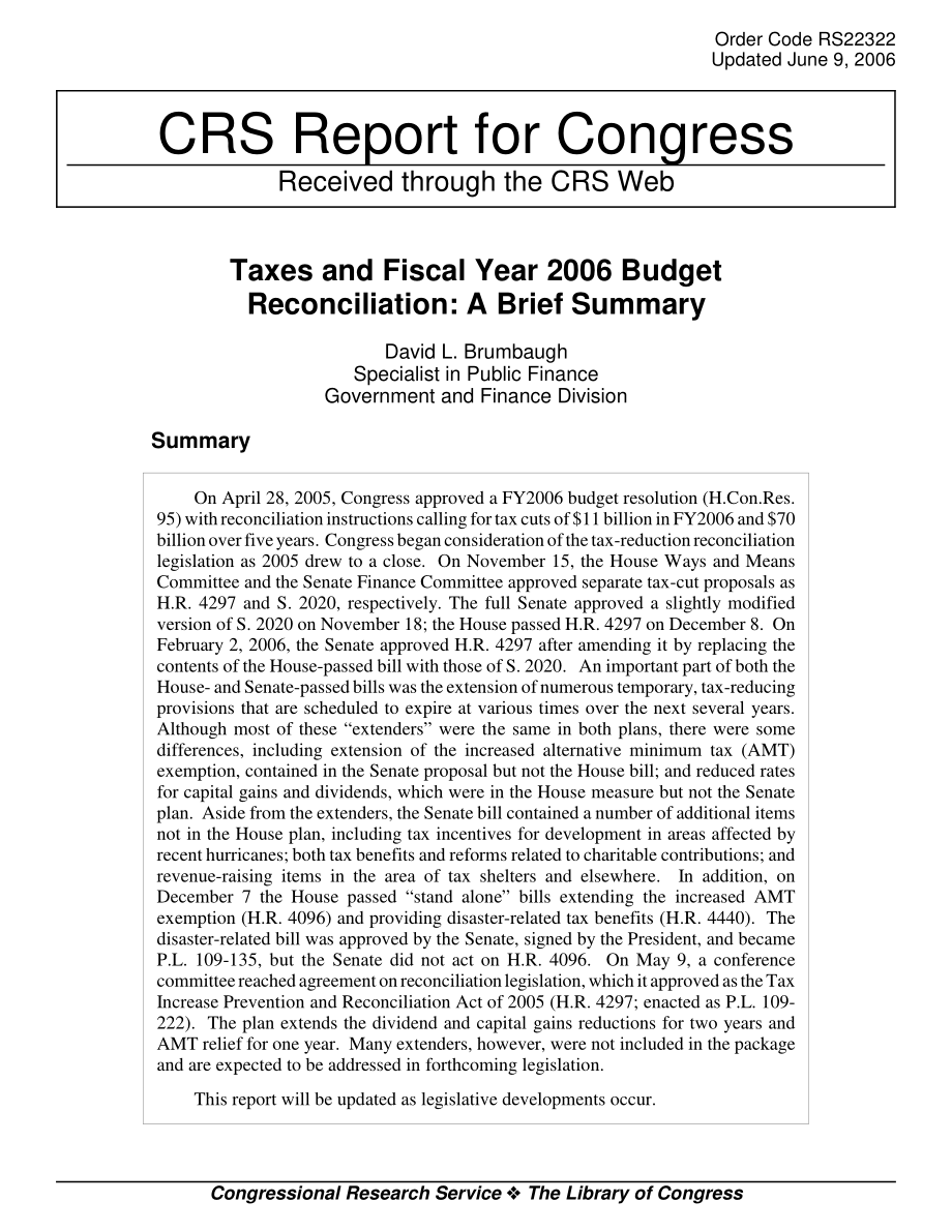 [20060609]RS22322_2006财年税收和预算调整：简要总结.pdf_第1页