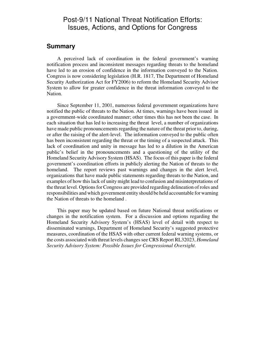 [20050429]RL32897_911后的国家威胁通报工作：国会的议题、行动和选择.pdf_第2页
