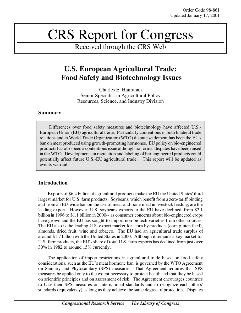 [20010117]98-861_美国-欧洲农产品贸易：食品安全和生物技术问题.pdf_第1页