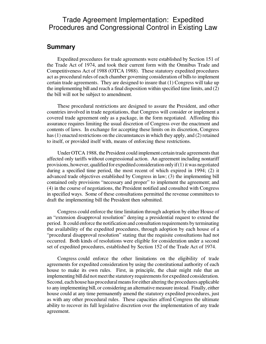 [20011126]RL31192_Trade Agreement Implementation 现行法律中的快速程序和国会控制.pdf_第2页