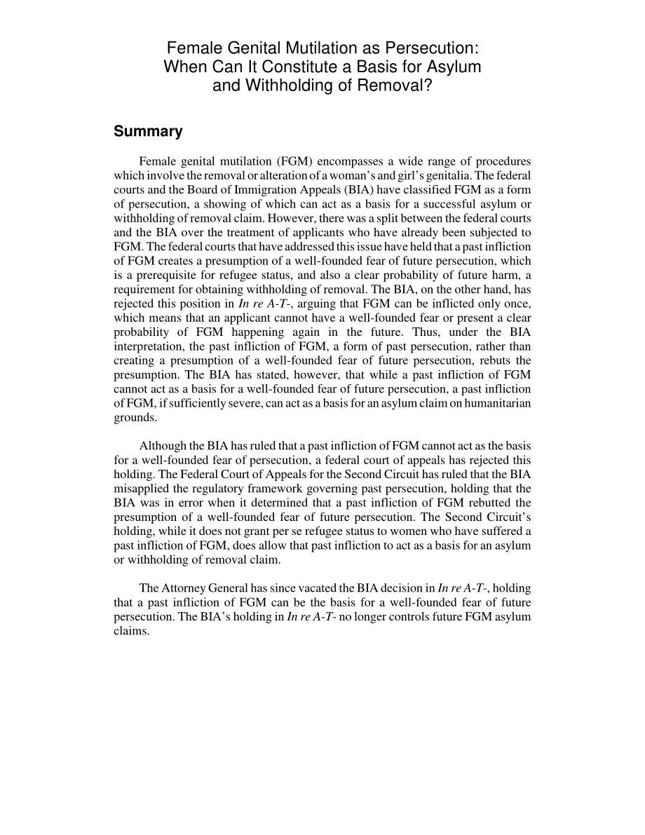[20081010]RL34587_女性生殖器切割作为迫害：何时才能构成庇护和拒绝驱逐的依据？.pdf_第2页