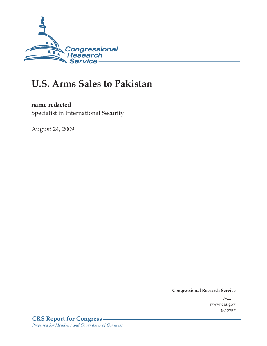 [20090824]RS22757_美国向巴基斯坦出售武器.pdf_第1页