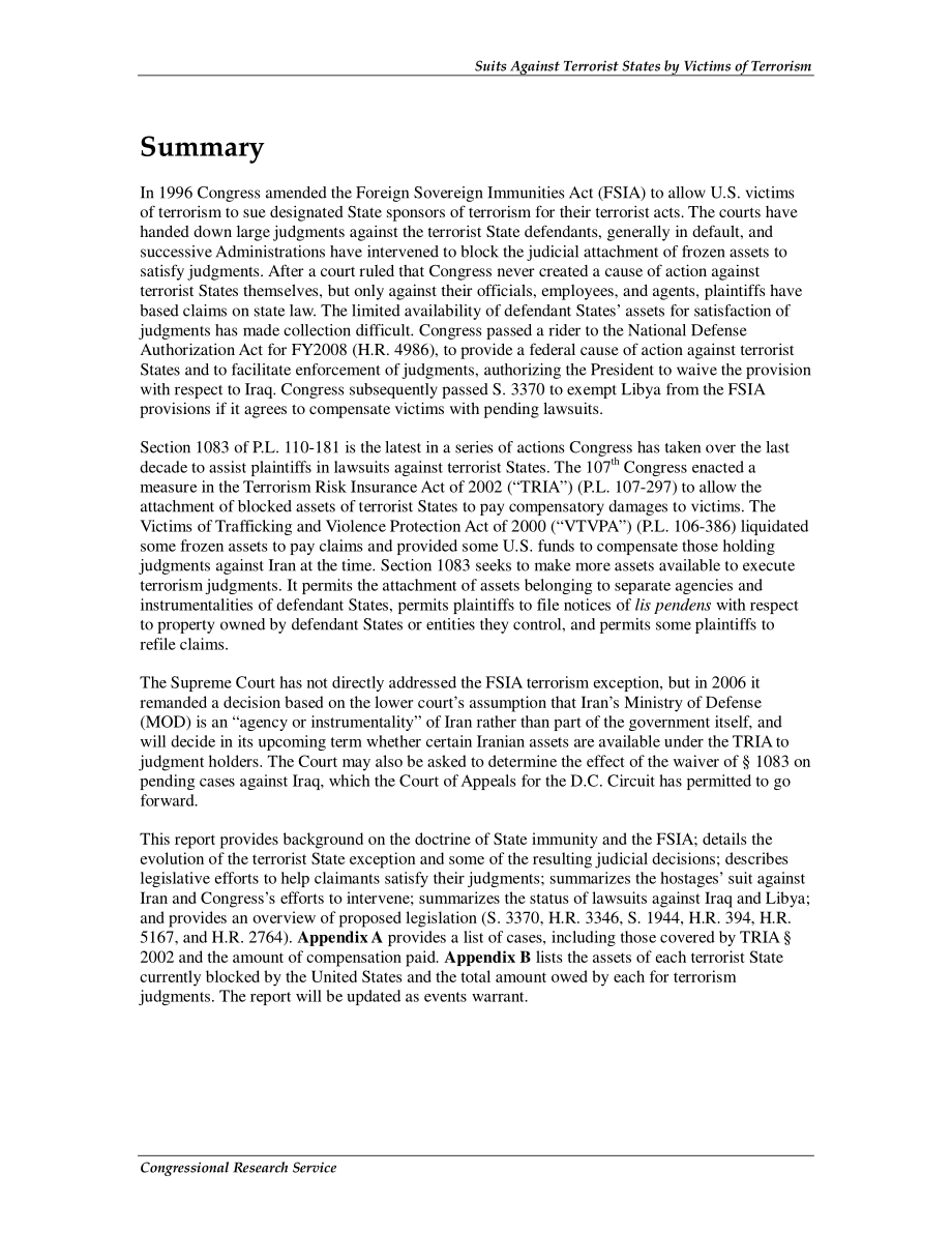 [20080808]RL31258_恐怖主义受害者对恐怖主义国家提起的诉讼.pdf_第2页