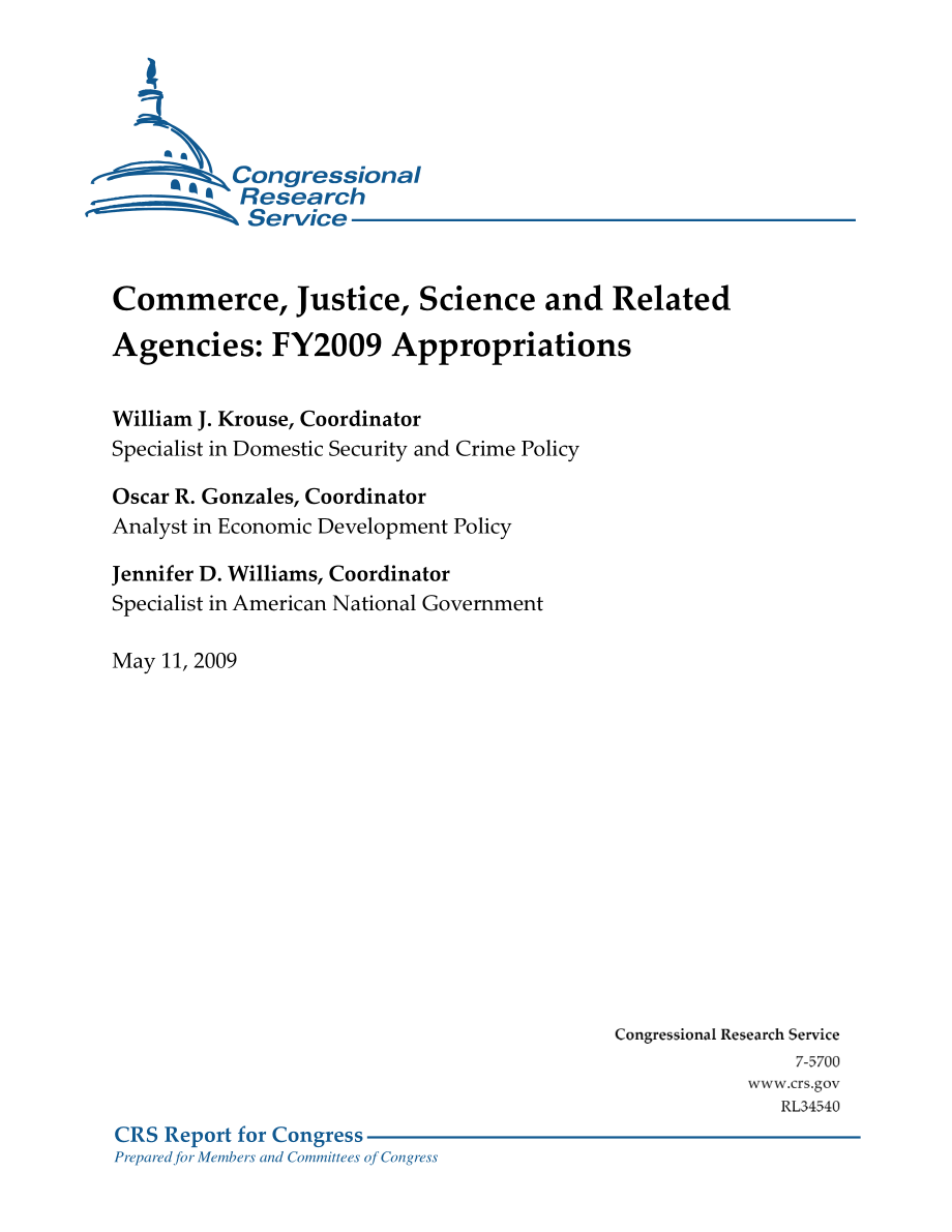 [20090511]RL34540_商业、司法、科学和相关机构：2009财年拨款.pdf_第1页