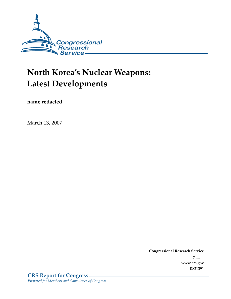 [20070313]RS21391_朝鲜核武器：最新发展.pdf_第1页