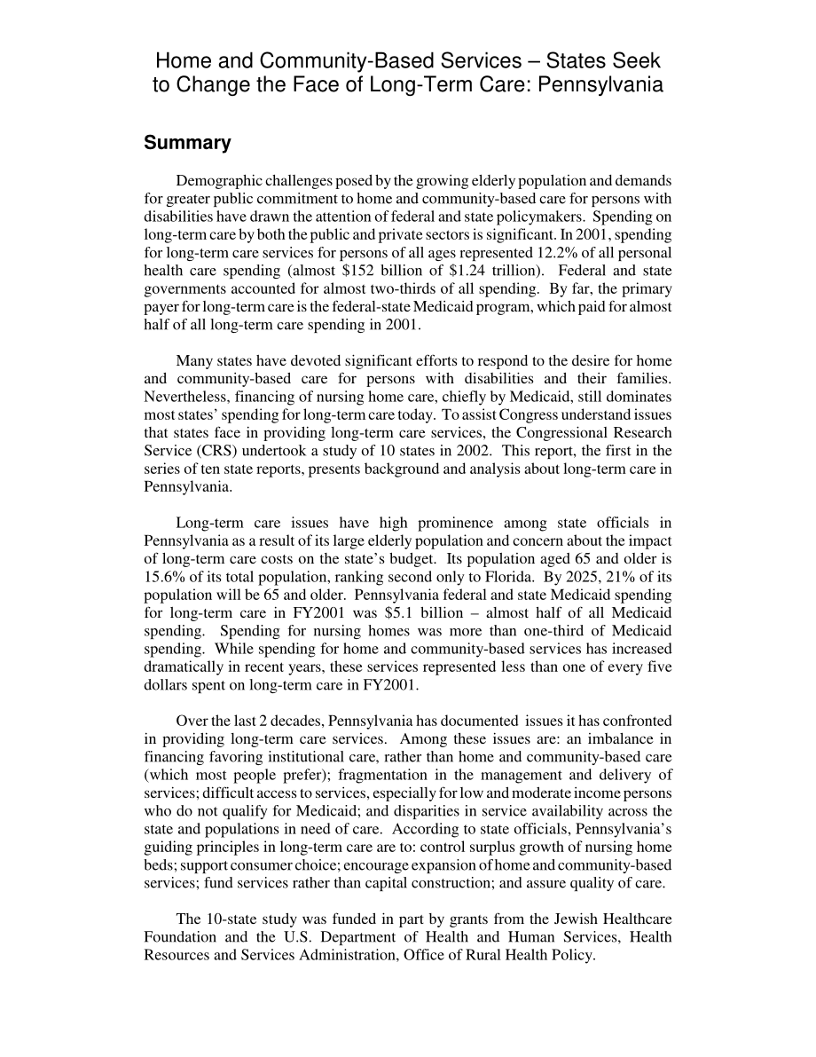 [20030402]RL31850_CRS对10个州的审查：家庭和社区服务——各州寻求改变长期护理的面貌：宾夕法尼亚州.pdf_第2页