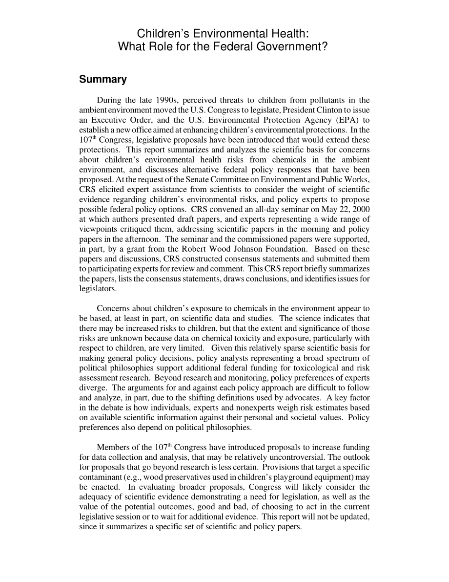[20011115]RL31322_儿童环境健康：联邦政府扮演什么角色？.pdf_第2页