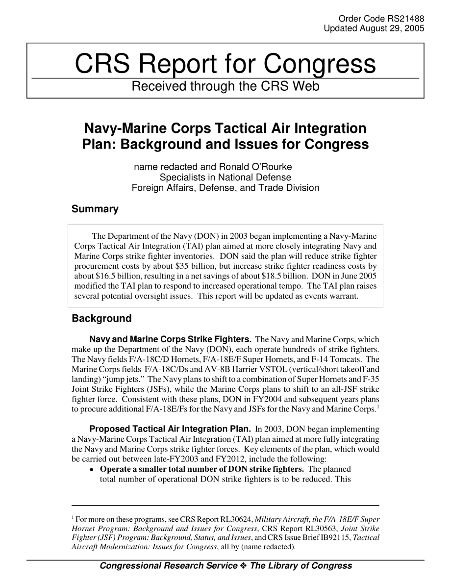 [20050829]RS21488_海军陆战队战术空中一体化计划：国会背景和议题.pdf_第1页