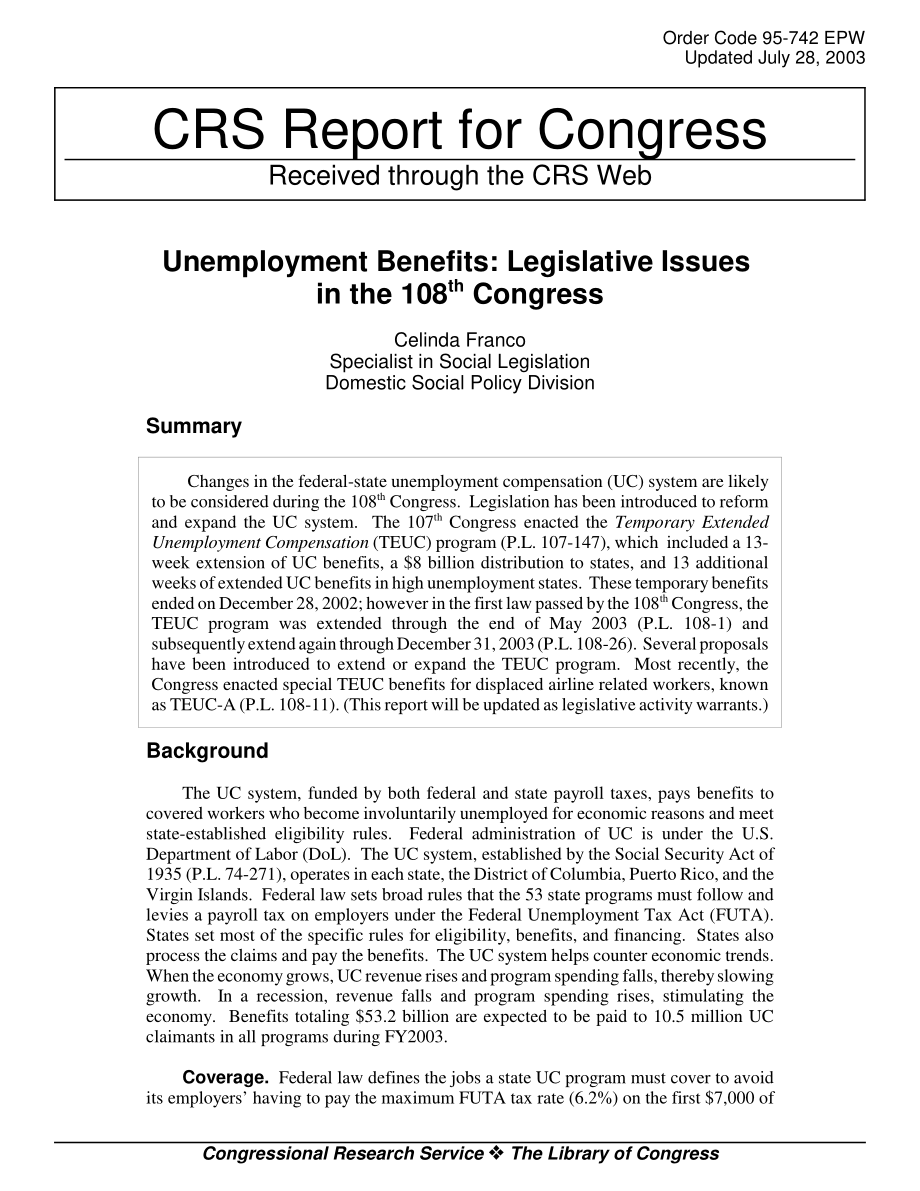 [20030728]95-742EPW_失业救济金：第108届国会的立法问题.pdf_第1页