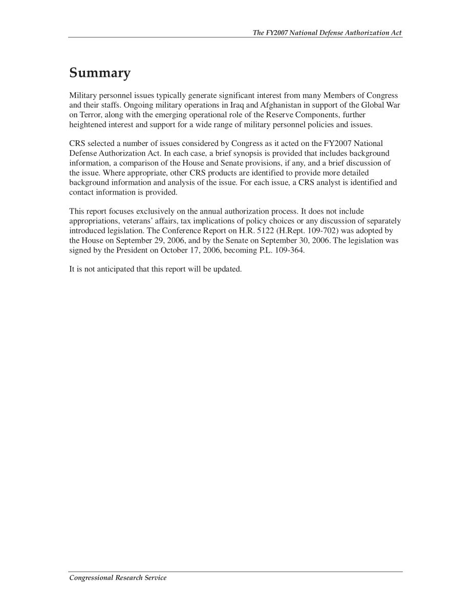 [20061018]RL33571_2007财年国防授权法案：选定的军事人员政策问题.pdf_第2页