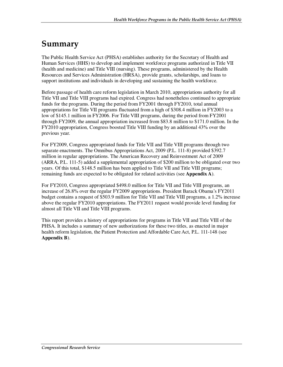 [20100716]RS22438_《公共卫生服务法》（PHSA）中的卫生劳动力计划：2001-2011财年拨款历史记录.pdf_第2页