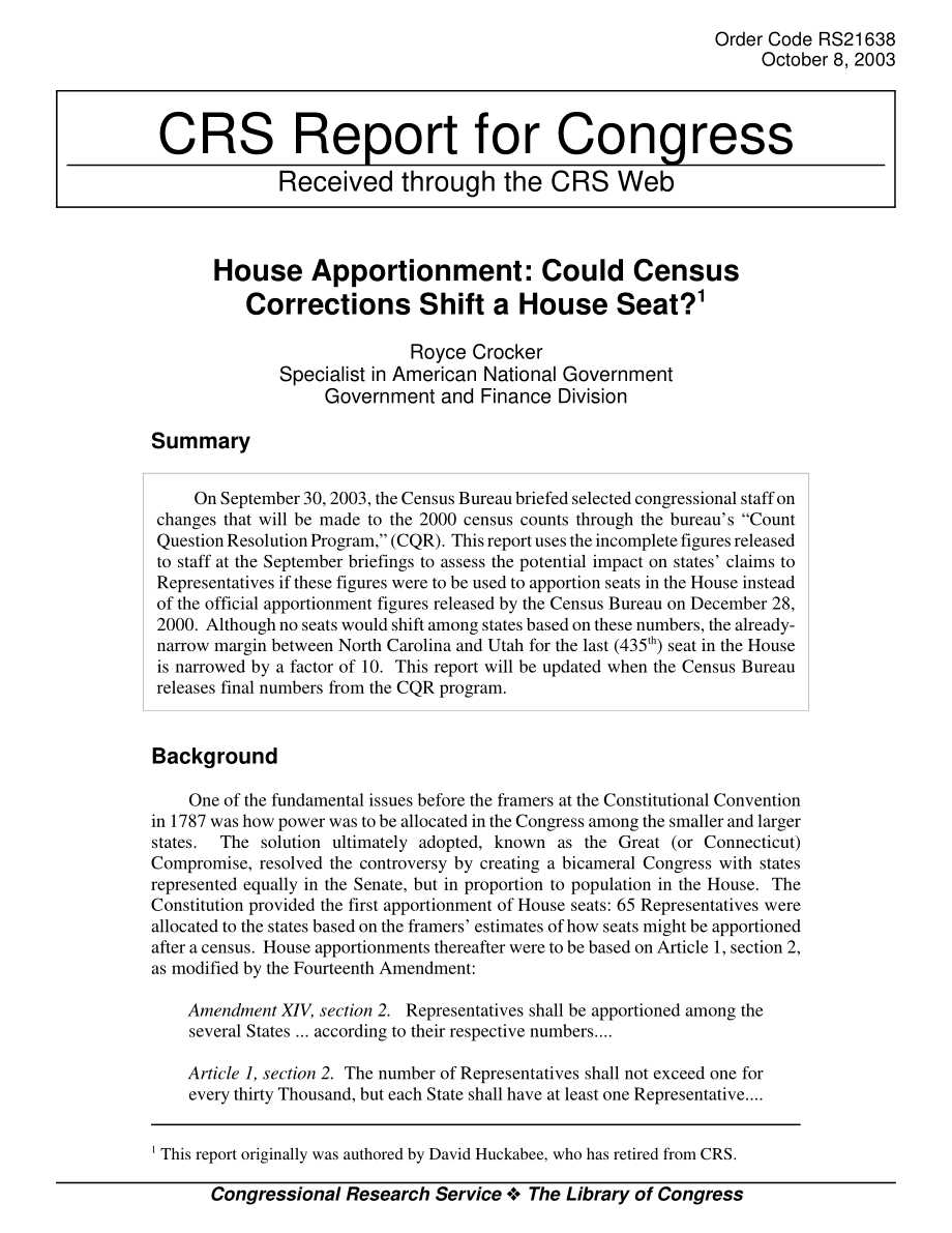 [20031008]RS21638_房屋分摊：人口普查修正会改变众议院席位吗？.pdf_第1页