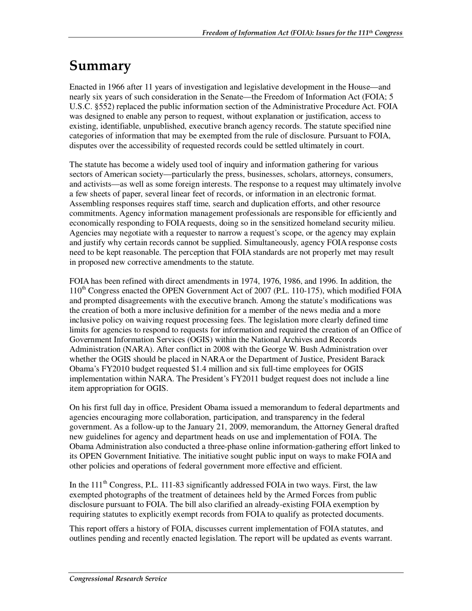 [20100311]R40766_《信息自由法》（FOIA）：第111届国会议题.pdf_第2页